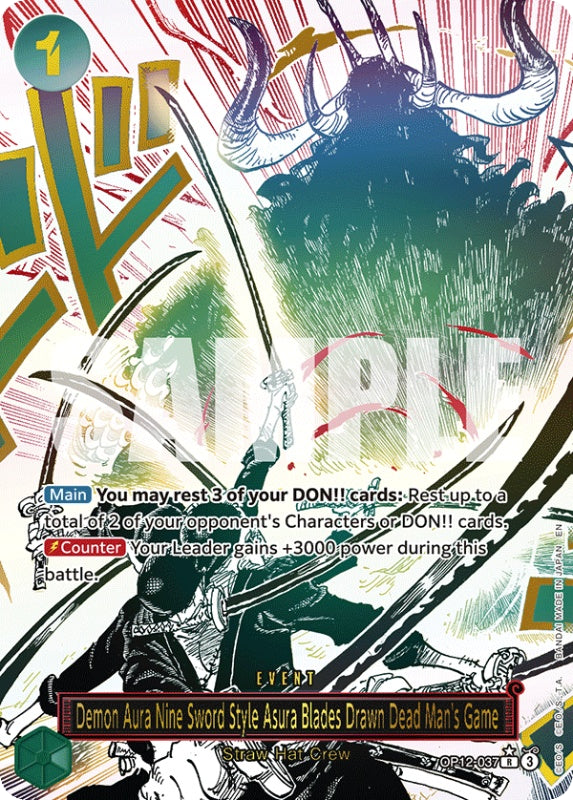 one-piece-card-game-demon-aura-nine-sword-style-asura-blades-drawn-dead-mans-game-op12-037-special-rare-englisch
