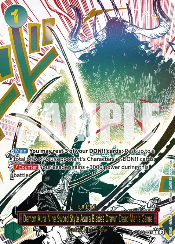 one-piece-card-game-demon-aura-nine-sword-style-asura-blades-drawn-dead-mans-game-op12-037-special-rare-englisch