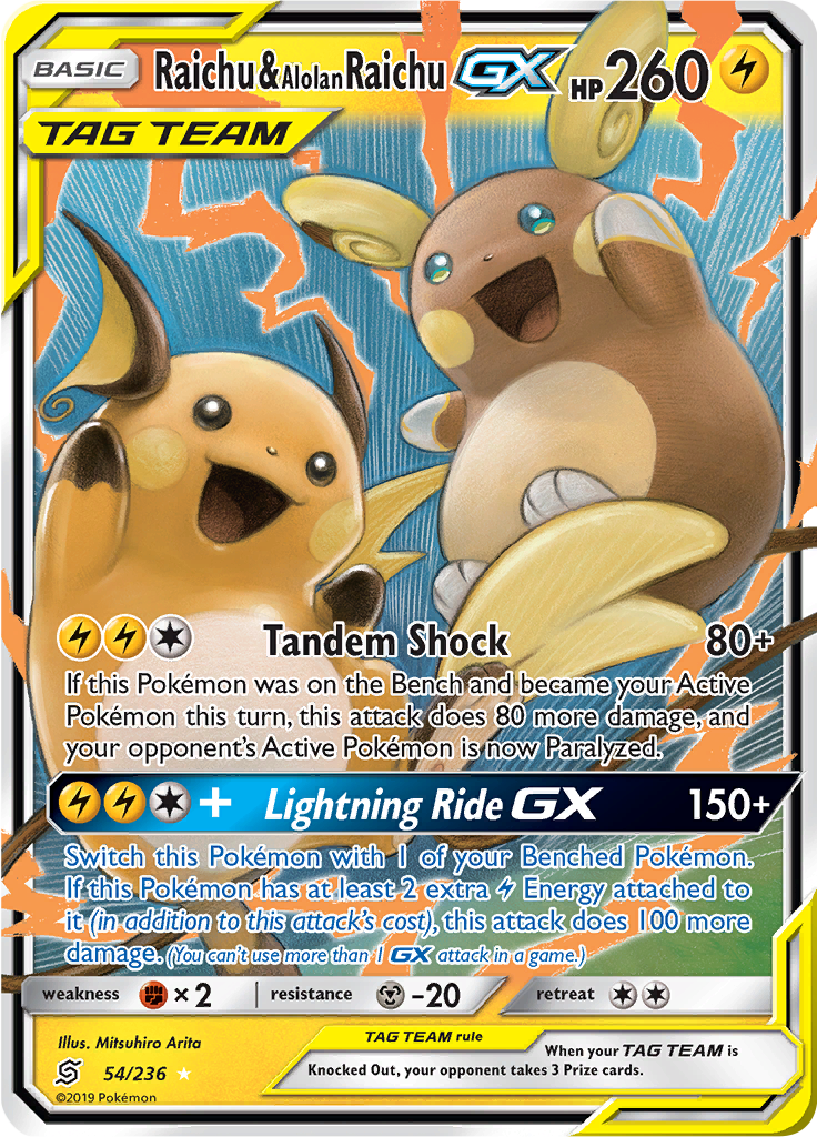 Raichu & Alolan Raichu GX (54/236) - Rare Holo GX EN NM